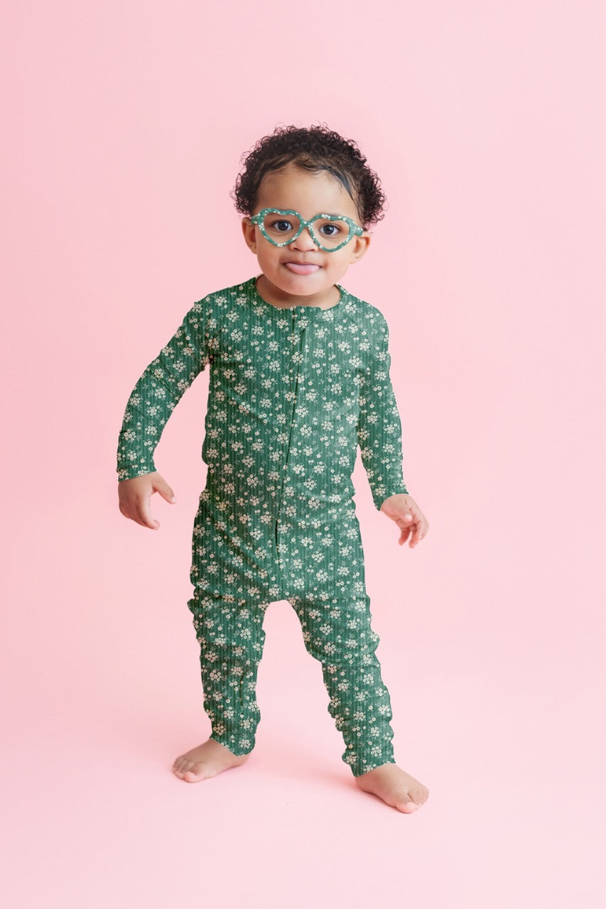 Green Daisy Ribbed Zip Pajamas