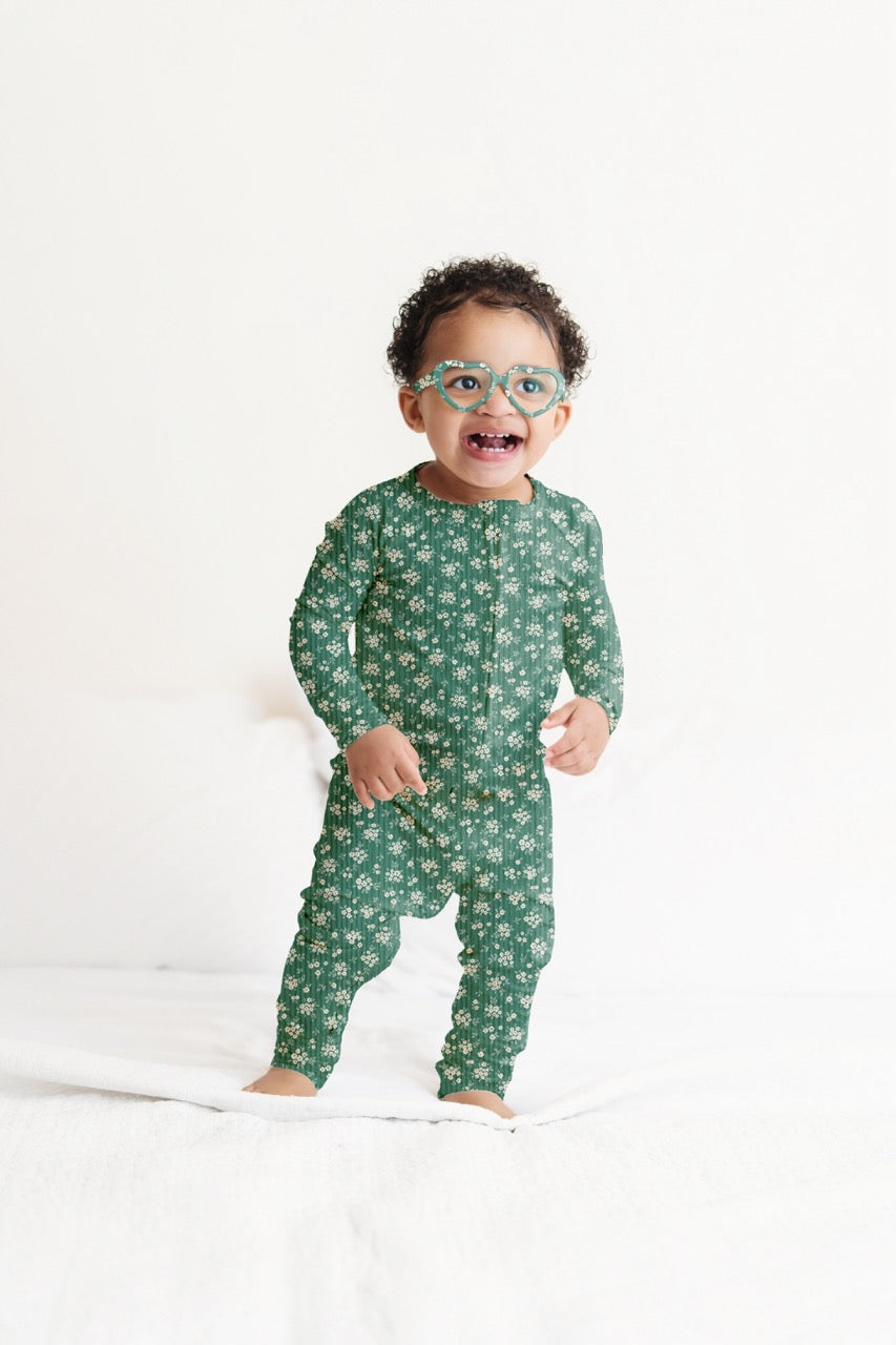 Green Daisy Ribbed Zip Pajamas
