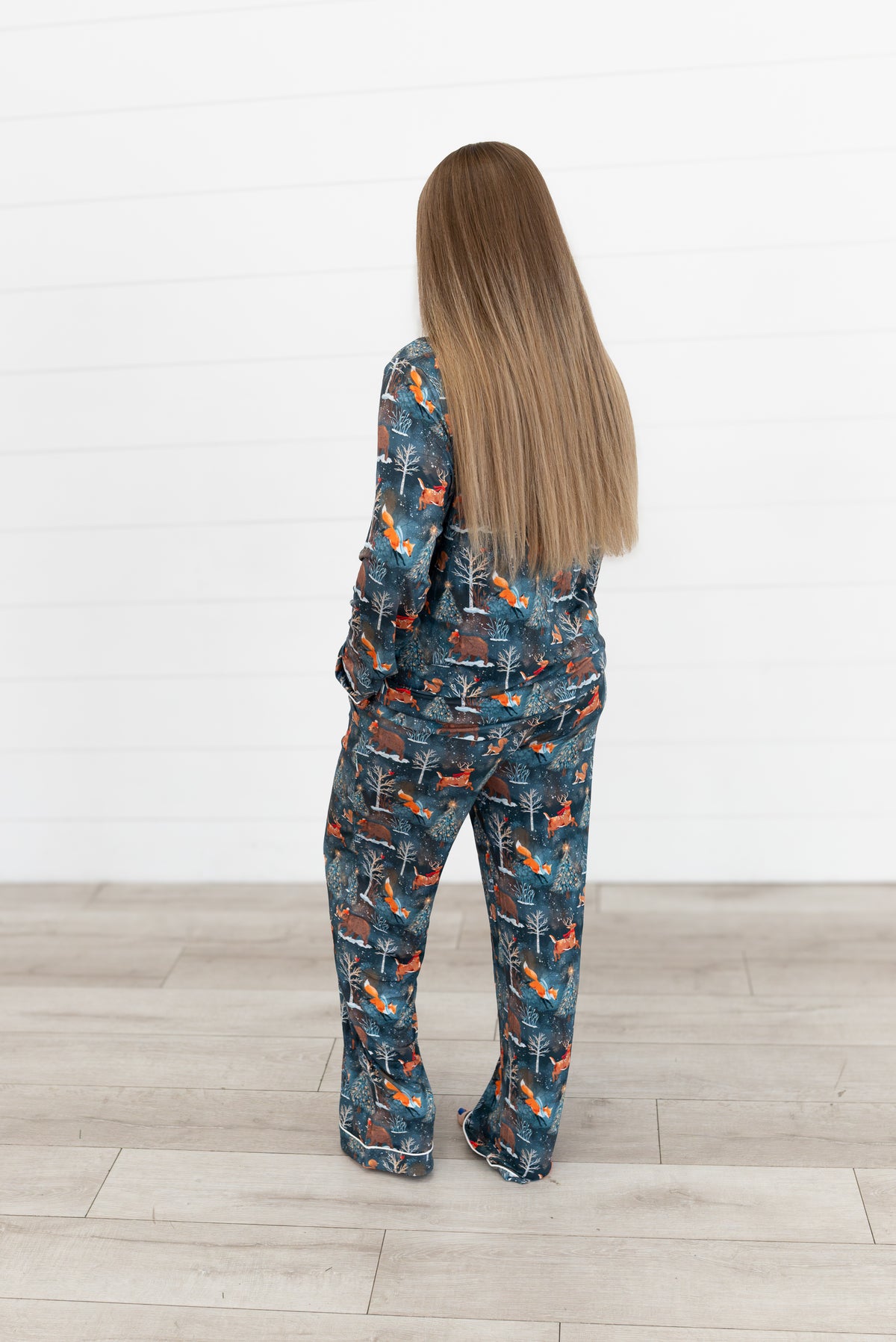 Back view of a woman wearing the Woodland Wonder bamboo women's pajama set