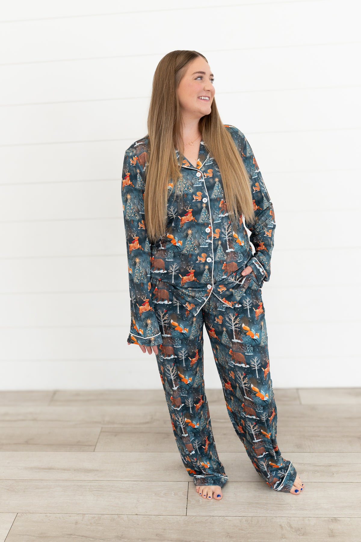 Woman standing in the Woodland Wonder bamboo women's pajama set