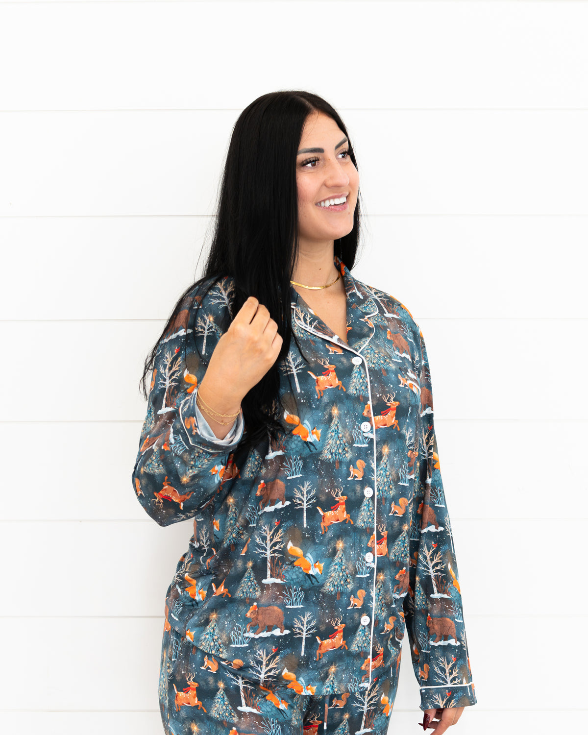 Close-up of a woman wearing the Woodland Wonder bamboo women's pajama set top