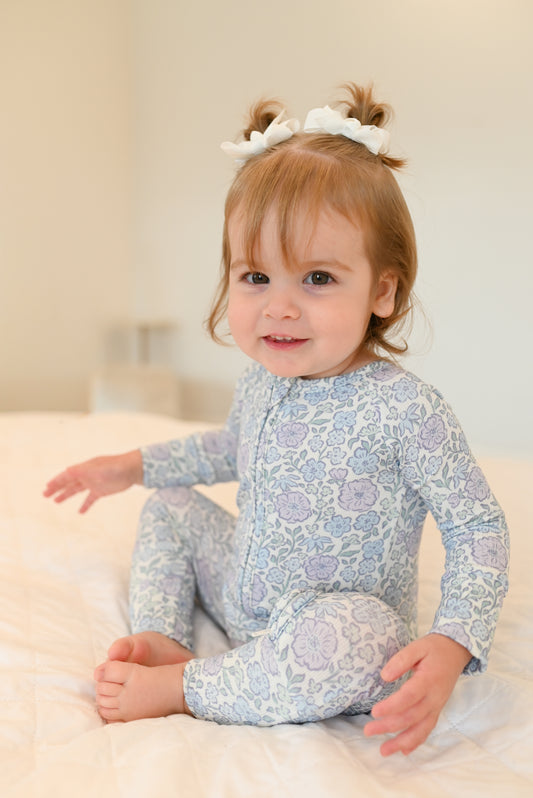 Bleu Fleur Ribbed Zip Pajamas