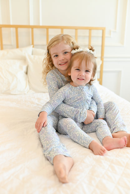 Bleu Fleur Ribbed Zip Pajamas