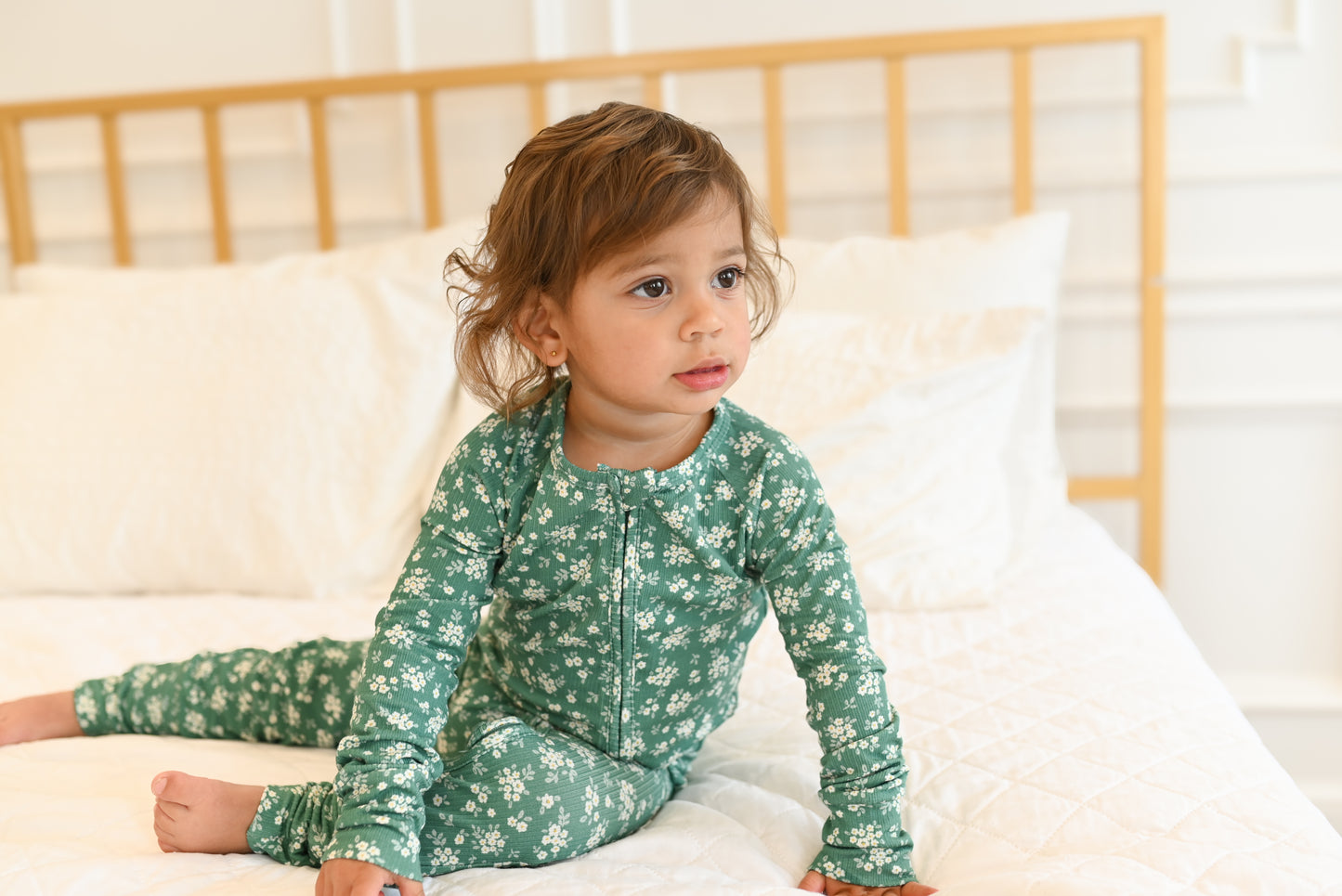 Green Daisy Ribbed Zip Pajamas