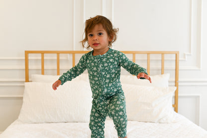 Green Daisy Ribbed Zip Pajamas