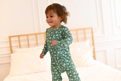 Green Daisy Ribbed Zip Pajamas