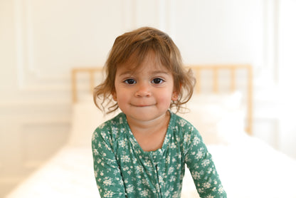 Green Daisy Ribbed Zip Pajamas