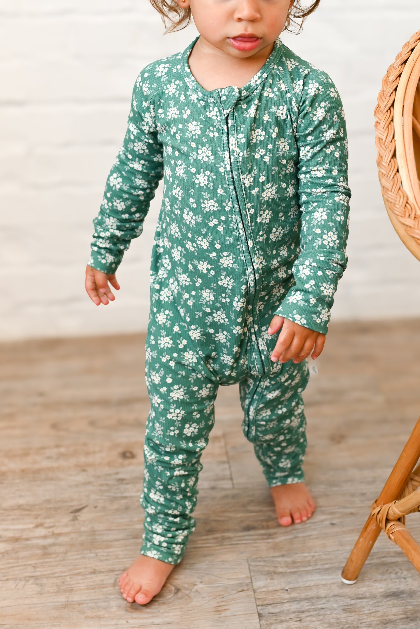 Green Daisy Ribbed Zip Pajamas