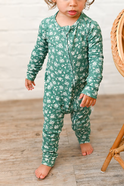 Green Daisy Ribbed Zip Pajamas