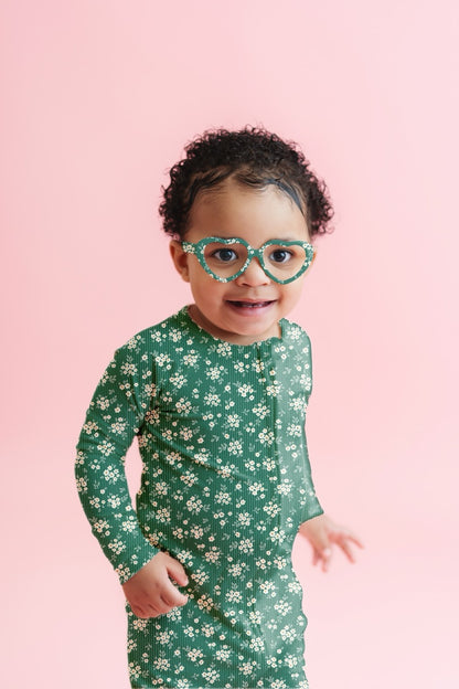 Green Daisy Ribbed Zip Pajamas