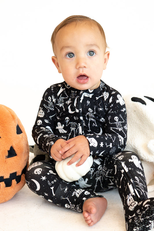 Skeleton Party Black & White Halloween Bamboo Baby Pajamas